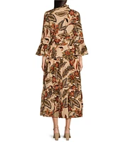 Jude Connally Roxie Cotton Voile Ruffle Mock Neck Long Sleeve Floral Print Belted Midi A-Line Dress