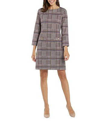 Jude Connally Sabine Printed Jude Cloth Stretch Knit Crew Neck 3/4 Sleeve Tab Button Detailed Shift Dress