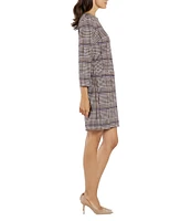 Jude Connally Sabine Printed Jude Cloth Stretch Knit Crew Neck 3/4 Sleeve Tab Button Detailed Shift Dress