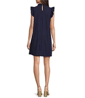 Jude Connally Shari Stretch Knit Ruffle Trim Mock Neck Cap Sleeve Shift Dress