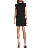 Jude Connally Shari Stretch Knit Ruffle Trim Mock Neck Cap Sleeve Shift Dress