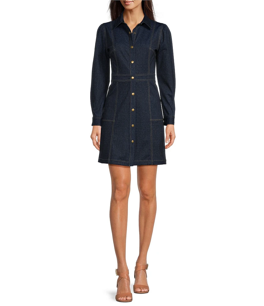 Jude Connally Solange Stretch Denim Point Collar Long Sleeve Pocketed Shirt Dress