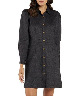 Jude Connally Solange Stretch Denim Point Collar Long Sleeve Pocketed Shirt Dress