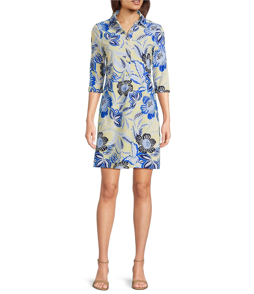 Jude Connally Susanna Blooming Botanics Print Point Collar 3/4 Sleeve Polished Classic Shirt Dress