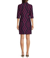 Jude Connally Susanna Diamond Lattice Navy Print Point Collar 3/4 Sleeve Polished Classic Shirt Dress