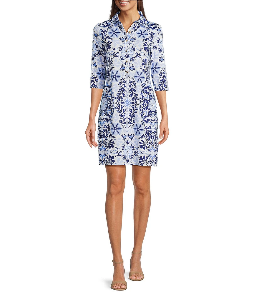 Jude Connally Susanna French Tile Print Point Collar 3/4 Sleeve Polished Classic Shirt Dress