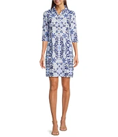 Jude Connally Susanna French Tile Print Point Collar 3/4 Sleeve Polished Classic Shirt Dress