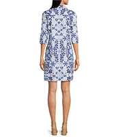 Jude Connally Susanna French Tile Print Point Collar 3/4 Sleeve Polished Classic Shirt Dress