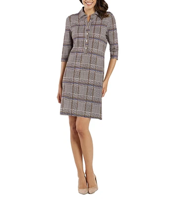 Jude Connally Susanna Glen Plaid Print Point Collar 3/4 Sleeve Polished Classic Shirt Dress