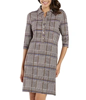 Jude Connally Susanna Glen Plaid Print Point Collar 3/4 Sleeve Polished Classic Shirt Dress