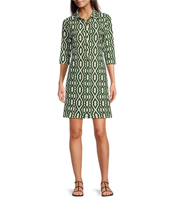 Jude Connally Susanna Moroccan Trellis Loden Print Point Collar 3/4 Sleeve Polished Classic Shirt Dress