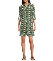 Jude Connally Susanna Moroccan Trellis Loden Print Point Collar 3/4 Sleeve Polished Classic Shirt Dress