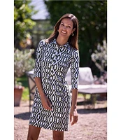 Jude Connally Susanna Moroccan Trellis Loden Print Point Collar 3/4 Sleeve Polished Classic Shirt Dress