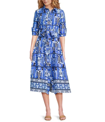 Jude Connally Sutton Seaside Catch Print Point Collar 3/4 Sleeve Tie Waist Midi Dress