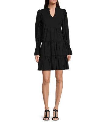 Jude Connally Tammi Stretch Jude Cloth Knit Split V-Neck Long Ruffled Sleeve Tiered Dress