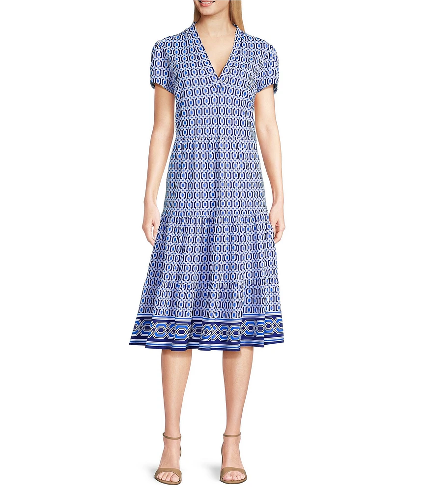 Jude Connally Terrace Geo Border Print Jude Cloth Stretch Knit V-Neck Short Puff Sleeve A-Line Tiered Dress
