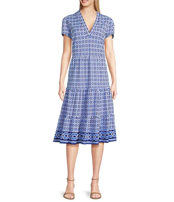 Jude Connally Terrace Geo Border Print Jude Cloth Stretch Knit V-Neck Short Puff Sleeve A-Line Tiered Dress