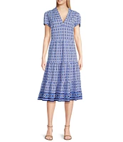 Jude Connally Terrace Geo Border Print Jude Cloth Stretch Knit V-Neck Short Puff Sleeve A-Line Tiered Dress