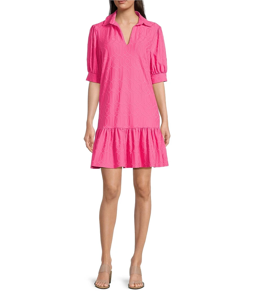 Jude Connally Tierney Jacquard Point Collar Short Sleeve Tiered Swing Dress