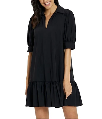 Jude Connally Tierney Knit Point Collar V-Neck Short Puff Sleeve Side Pocket Drop Waist Flounce Hem Dress