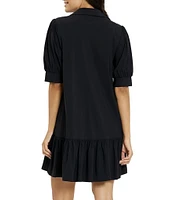 Jude Connally Tierney Knit Point Collar V-Neck Short Puff Sleeve Side Pocket Drop Waist Flounce Hem Dress