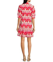Jude Connally Tierney Paradise Print Knit Point Collar V-Neck Short Puff Sleeve Drop Waist Flounce Hem Dress