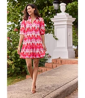 Jude Connally Tierney Paradise Print Knit Point Collar V-Neck Short Puff Sleeve Drop Waist Flounce Hem Dress