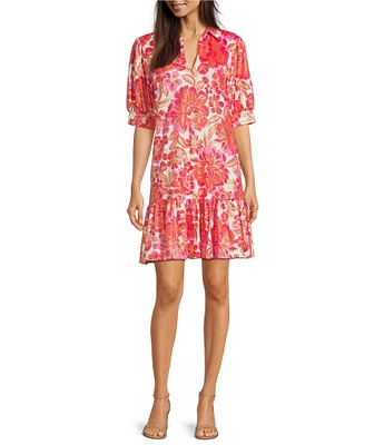 Jude Connally Tierney Metallic Peony Dream Print Knit Point Collar V-Neck Short Puff Sleeve Drop Waist Flounce Hem Dress