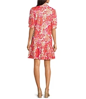 Jude Connally Tierney Metallic Peony Dream Print Knit Point Collar V-Neck Short Puff Sleeve Drop Waist Flounce Hem Dress