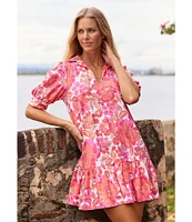 Jude Connally Tierney Metallic Peony Dream Print Knit Point Collar V-Neck Short Puff Sleeve Drop Waist Flounce Hem Dress