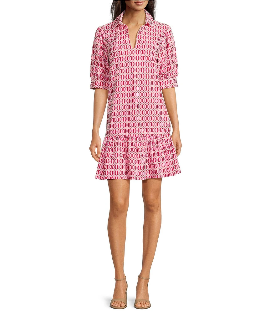 Jude Connally Tierney Terrace Geo Print Knit Point Collar V-Neck Short Puff Sleeve Drop Waist Flounce Hem Dress