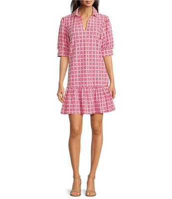 Jude Connally Tierney Terrace Geo Print Knit Point Collar V-Neck Short Puff Sleeve Drop Waist Flounce Hem Dress