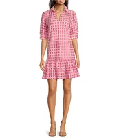 Jude Connally Tierney Terrace Geo Print Knit Point Collar V-Neck Short Puff Sleeve Drop Waist Flounce Hem Dress