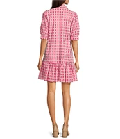 Jude Connally Tierney Terrace Geo Print Knit Point Collar V-Neck Short Puff Sleeve Drop Waist Flounce Hem Dress