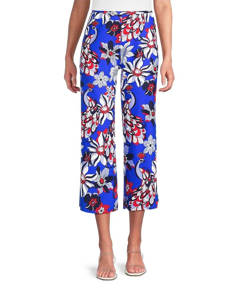 Jude Connally Trixie Twirling Peacock Print Stretch Knit Wide Leg Cropped Coordinating Pull-On Pants