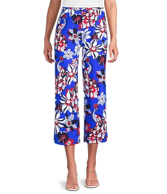 Jude Connally Trixie Twirling Peacock Print Stretch Knit Wide Leg Cropped Coordinating Pull-On Pants