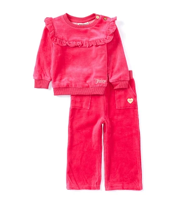 Juicy Couture Baby Girls 12-24 Months Long Sleeve Ruffle-Trimmed Velour Sweatshirt & Matching Jogger Pant Set