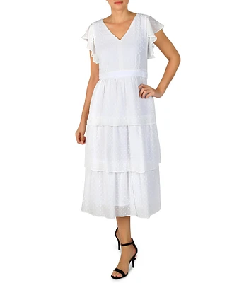 Julia Jordan Clip Dot Chiffon Short Flutter Sleeve V-Neck Tiered A-Line Midi Dress