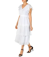 Julia Jordan Clip Dot Chiffon Short Flutter Sleeve V-Neck Tiered A-Line Midi Dress