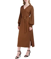 Julia Jordan Collar Split V Neck Knit Balloon Sleeve Midi Dress