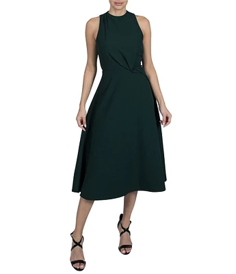 Julia Jordan Crepe Crew Neck Sleeveless Gathered Midi Dress