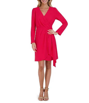 Julia Jordan Crepe Scuba Surplice V-Neck Long Sleeve Pleated Sheath Dress