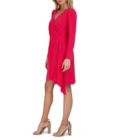 Julia Jordan Crepe Scuba Surplice V-Neck Long Sleeve Pleated Sheath Dress