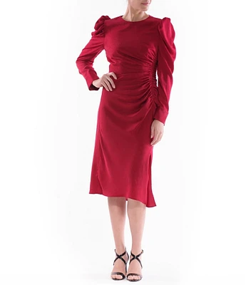 Julia Jordan Crinkle Jacquard Crew Neck Puff Shoulder Long Sleeve Gathered Midi Dress