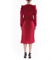 Julia Jordan Crinkle Jacquard Crew Neck Puff Shoulder Long Sleeve Gathered Midi Dress