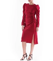 Julia Jordan Crinkle Jacquard Crew Neck Puff Shoulder Long Sleeve Gathered Midi Dress