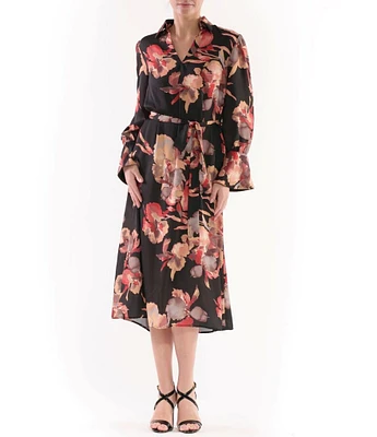 Julia Jordan Crinkle Satin Floral Print V-Neck Collar Long Sleeve Ruffle Cuff Midi Dress