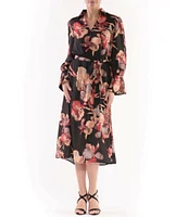 Julia Jordan Crinkle Satin Floral Print V-Neck Collar Long Sleeve Ruffle Cuff Midi Dress