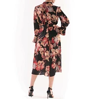 Julia Jordan Crinkle Satin Floral Print V-Neck Collar Long Sleeve Ruffle Cuff Midi Dress