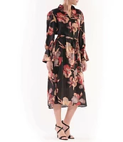 Julia Jordan Crinkle Satin Floral Print V-Neck Collar Long Sleeve Ruffle Cuff Midi Dress